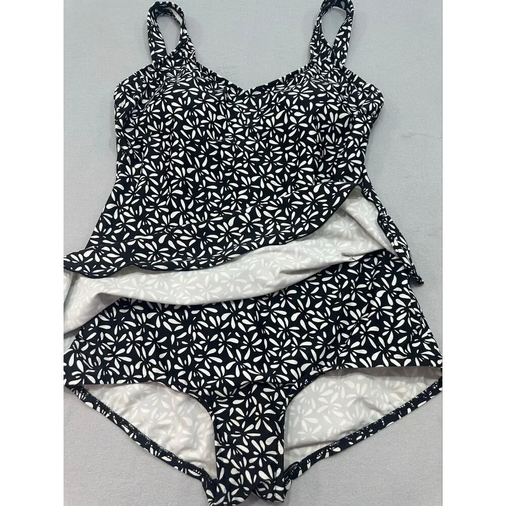 Maxine Black & White Abstract Floral Swim Dress One Piece Plus Size 16W